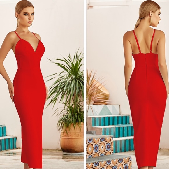 NEW! DESIGNER RED BANDAGE DRESS ELEGANT COUTURE DRESS THIGH SLIT THIN STRAPS - Picture 2 of 6